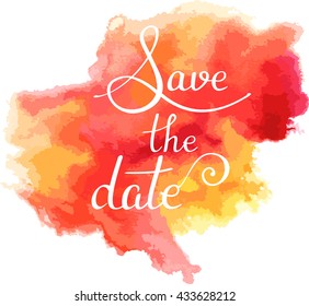'Save the date' sign, handwritten in modern calligraphy; an invitation on a vibrant watercolor texture; scalable vector graphic