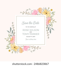 save the date with soft pink yellow floral frame