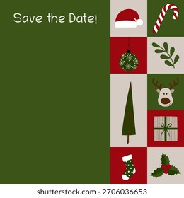 Save the Date. Square invitation card with Christmas symbols.
