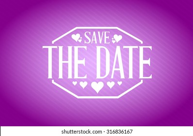 save the date stamp seal over a purple background