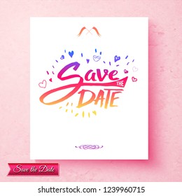 Save the date stationery text on white with pink border and blue fluttering hearts