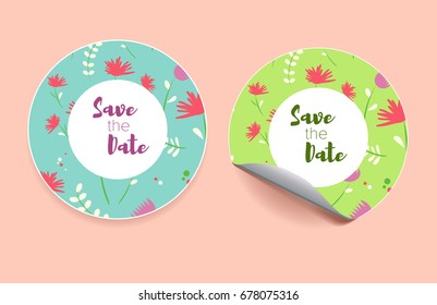 Save the date stickers with floral elements and text design. Vector illustration