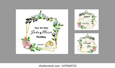 Save the Date Stylish Wedding Invitation Set. Elegant Hand Drawn Design. Vector Illustration