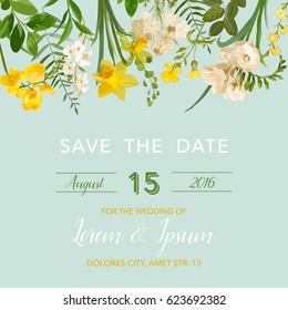 Speichern Sie die Date Summer and Spring Blumenkarte in Aquarell Style. Vectorvintage-Feldblumen