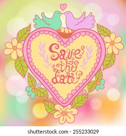 Save the date sweet card. birds heart