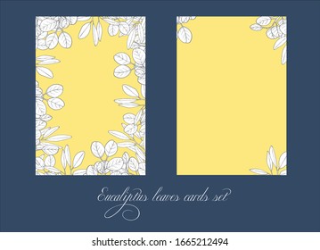 Save the Date template with eucaliptus branches and sample text layout on yellow background. Elegant and creative vector wedding invitation, bridal shower, thank you card design.