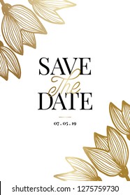 Save the Date template with golden tulip blossoms and sample text layout on white background. Elegant and creative vector wedding invitation, bridal shower, thank you card design.