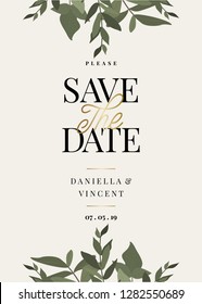 Save the Date template with green eucaliptus branches and sample text layout on cream background. Elegant and creative vector wedding invitation, bridal shower, thank you card design.