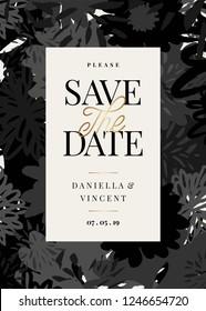 Save the Date template with hand drawn monochrome floral shapes and sample text layout on cream background. Elegant and creative vector wedding invitation, bridal shower, thank you card design.