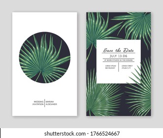 Save the date template with realistic tropical leaves of banana palm flowers. Ideal for greeting cards, posts in social networks, discount banners in online, offline stores, cosmetics label