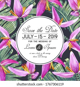 Guarde la plantilla de fecha con hojas tropicales realistas de palmeras de plátano. Ideal para tarjetas de felicitación, publicaciones en redes sociales, banners de descuento en línea, tiendas offline, etiqueta cosmética