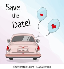 Save the date template with retro car and balloons