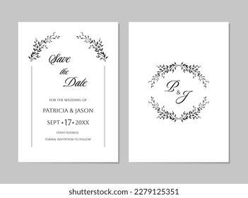 Save the Date template with silhouette of branch with leaves. Botanical trendy greenery
