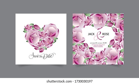 Save the date template wedding invitation calligraphy lettering text with flowers frame in shape of a heart. Vector illustration with magnolia flowers greeting card