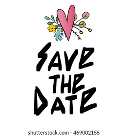  Save the date templates, labels, card. Wedding invitation with hand drawn lettering, flowers in simple style, pink heart, Isolated