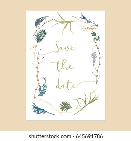 Save the date text calligraphy vector. Frame of natural silhouette branches and grass