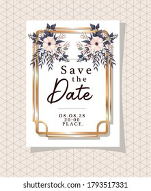 save the date text in gold frame with flowers and leaves design, Wedding invitation and engagement theme Vector illustration
