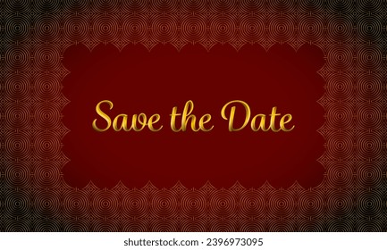 Save the date text in golden premium metallic 3d lines, geometric gold pattern frame background.