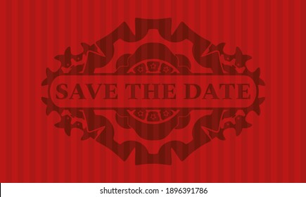 Save the date text inside red color emblem. Bars fashionable background. Artistic illustration. 
