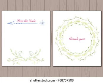 Save the date and thank you cards with Cute floral design, arrows and wreath. Wooden texture backdrop. Ideal for wedding invitation.