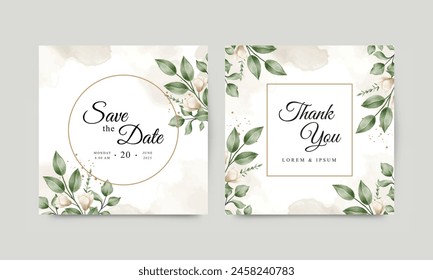Save the date and thank you wedding card template with leaves and flowers