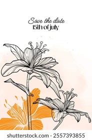 Save the date Tiger Lily line art A4 format. Elegant design in black and orange over white background with hand drawn tiger lily flowers. Vector design easy to edit ready to be used. 