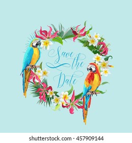 Guardar la tarjeta de fecha Flores tropicales y aves - para matrimonio, invitación, fiesta - en vector