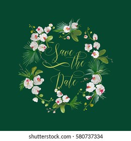 Guardar la tarjeta de flores de orquídeas tropicales de fecha, para matrimonio, invitación, fiesta en vector