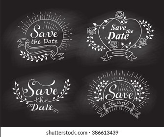 "Save the date" typography set. Wedding design template with ornate elements on chalkboard.