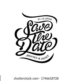 Save The Date Typography. Wedding Phrase. Ink Illustration. Modern Brush Calligraphy. Isolated On White Background.