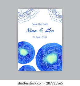Save the date. Vector A4 template with blue lotus flowers. Wedding design with watercolor elements.