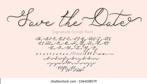 Save The Date vector font  and alphabet. Vintage letters and numbers for fashion and wedding Invitation, card, banner
