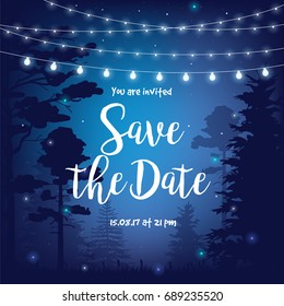 Save the date vector illustration with night starry sky, trees, forest and party hanging lights