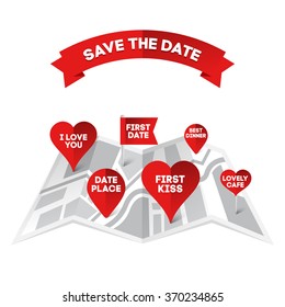 Save the date. Vector illustration of a paper map with romantic pins for the couple: First date, First kiss, I love you etc.