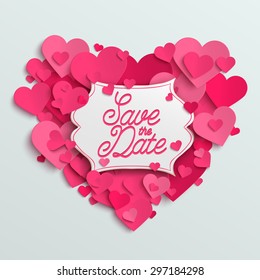 Save the date vector invitation card, pink paper hearts design