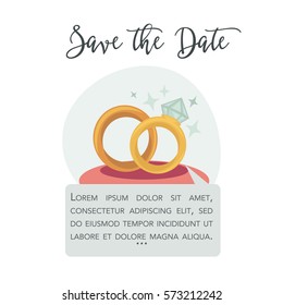 Save the date vector invitation or greeting card template with wedding gold rings and wishes. Vector illustration for engagement announcement or marriage proposal and bridal event