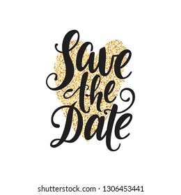 Save the date vector lettering on white background. Hand written design element for card, poster, banner. Modern calligraphy. Isolated typography print. Floral tropical background.