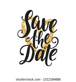 Save the date vector lettering on white background. Hand written design element for card, poster, banner. Gold glitter heart. Modern calligraphy. Isolated typography print. 