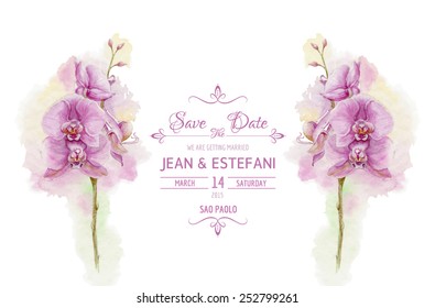 Save the date. Vector love card with watercolor orchid.