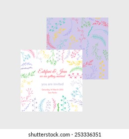 Save the date. Vector love card with flower and branches on white and lilac background.