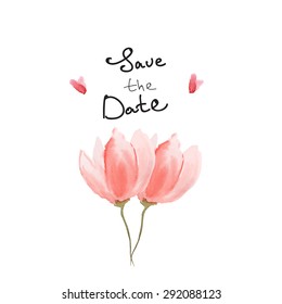 Save the date vector watercolour card with tulip and hearts