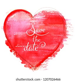 Save the date. A vector wedding invitation with a red watercolor heart on a white background, a design element