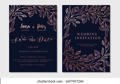 Guarde la ilustración vectorial de invitación decorada verticalmente de fecha. Diseño botánico exótico de lujo para la ceremonia nupcial estilo plano. Concepto de evento de celebración