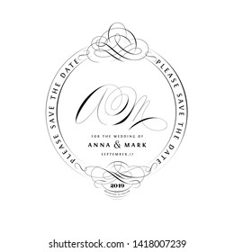 Save The Date Vintage Calligraphic Design with A and M Monogram
