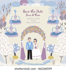 Save the date. Vintage card with illustration of wedding ceremony in the garden with couple, arch and fountains. Vector floral background with a place for your text. Template easily editable.
