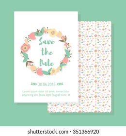Save the date vintage card, wedding invitation with floral wreath and pattern in pastel colors, blue background. Vector wedding template