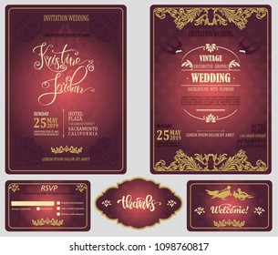 Save date vintage design collection. Set for celebration and wedding. Invitation card, paper background. Beautiful elegance floral template for congratulation vector illustration
