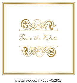 Save the date vintage frame. damask vintage baroque scroll swirl. Victorian monogram heraldic shield swirl.Retro floral leaf pattern border foliage antique  acanthus calligraphy engraved tattoo. 