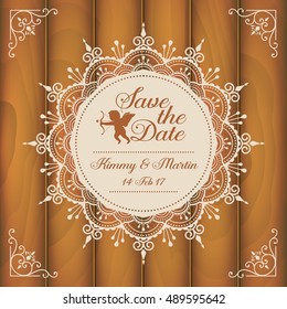 Save the date vintage frame with silhouette cupid on wooden background. Vector illustration