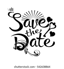Save the Date. Vintage isolated template with calligraphic lettering, sun,flowers,leaves, key, love hearts.